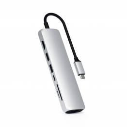 Satechi Slim USB-C MultiPort med Ethernet - HDMI, USB 3.0-porte og kortlæser, Farve Sølv farve
