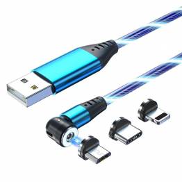  Lysende magnetisk multi opladerkabel -Lightning, MicroUSB, USB-C - Blå