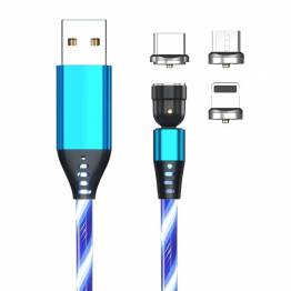 Lysende magnetisk multi opladerkabel -Lightning, MicroUSB, USB-C - Blå