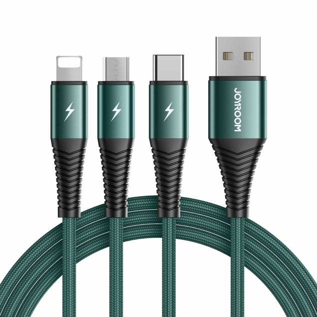 Joyroom multi oplader kabel Lightning, MicroUSB og USB-C - Grønt