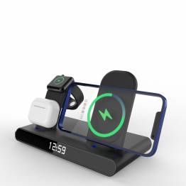 Slank 3-i-1 oplader til iPhone, AirPods og Watch m ur og alarm - Sort