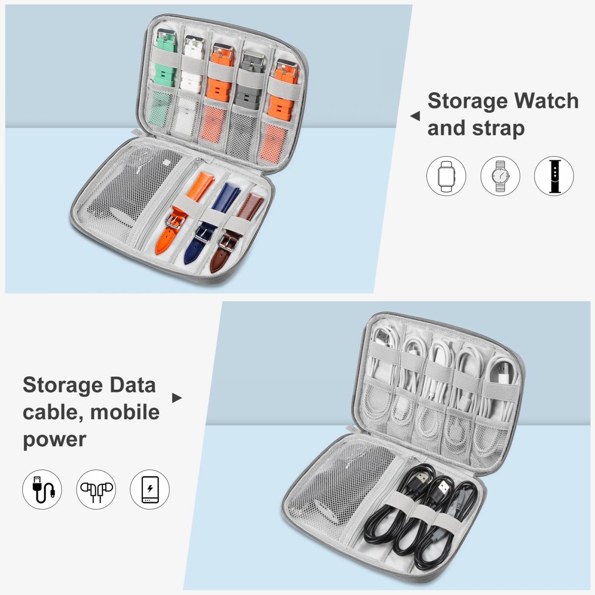 trådløs Praktisk Baglæns Taske til Apple Watch, Garmin m.fl. urremme, kabler og opladere - Grå