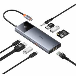 Billede af Baseus USB-C 10-i-1 hub: 3xUSB, 2xUSB-C 100W PD, HDMI, kortlæsere, RJ45, mini jack og On/Off knap til skærm