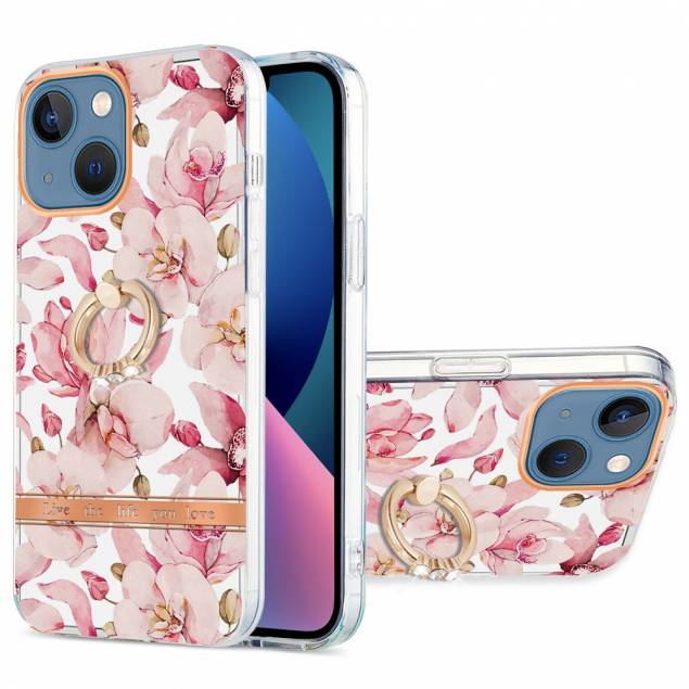 Beskyttende iPhone 13 mini cover med fingerring - Pink gardenia