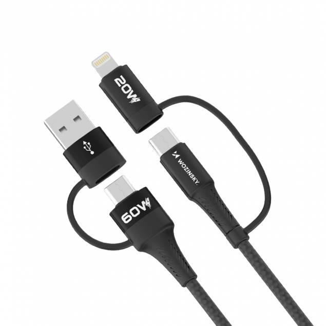 Wozinsky 4-i-1 vævet multi-kabel - 60W - USB-C, Lightning og USB - 1 meter