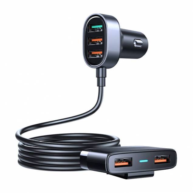 Joyroom 5-ports (3+2) QC3.0 USB 45W biloplader m forlænger til bagsæde