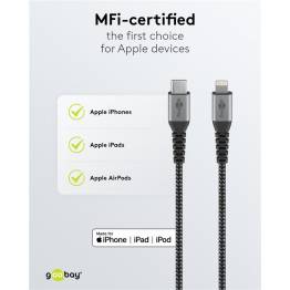  Goobay hårdført vævet USB-C til Lightning kabel - MFi - 0,5m - Sort/grå