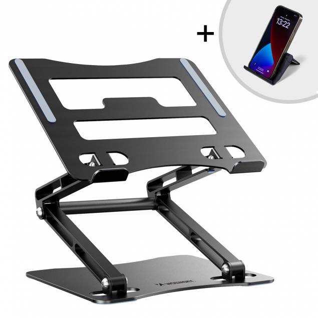 Robust og fleksibel laptop stander inkl mobilholder - op til 52 cm - Sort