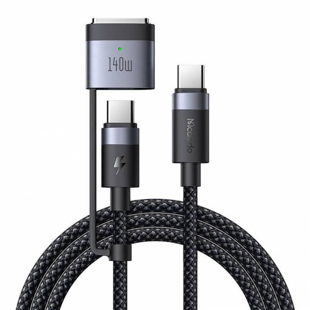 2-i-1 USB-C til USB-C og Magsafe 3 PD hurtig opladning vævet kabel - 140W - 2m